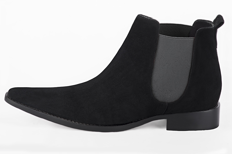 Matt black and dark grey dress ankle boots for men. Tapered toe. Flat leather soles. Profile view - Florence KOOIJMAN